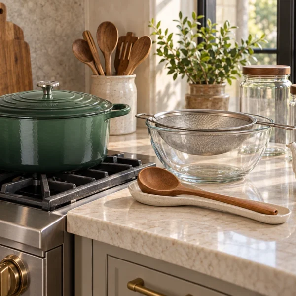 Stage 1 stockpot, strainer, glass storage jars, ladle and tea tools in the WFLI kitchen.