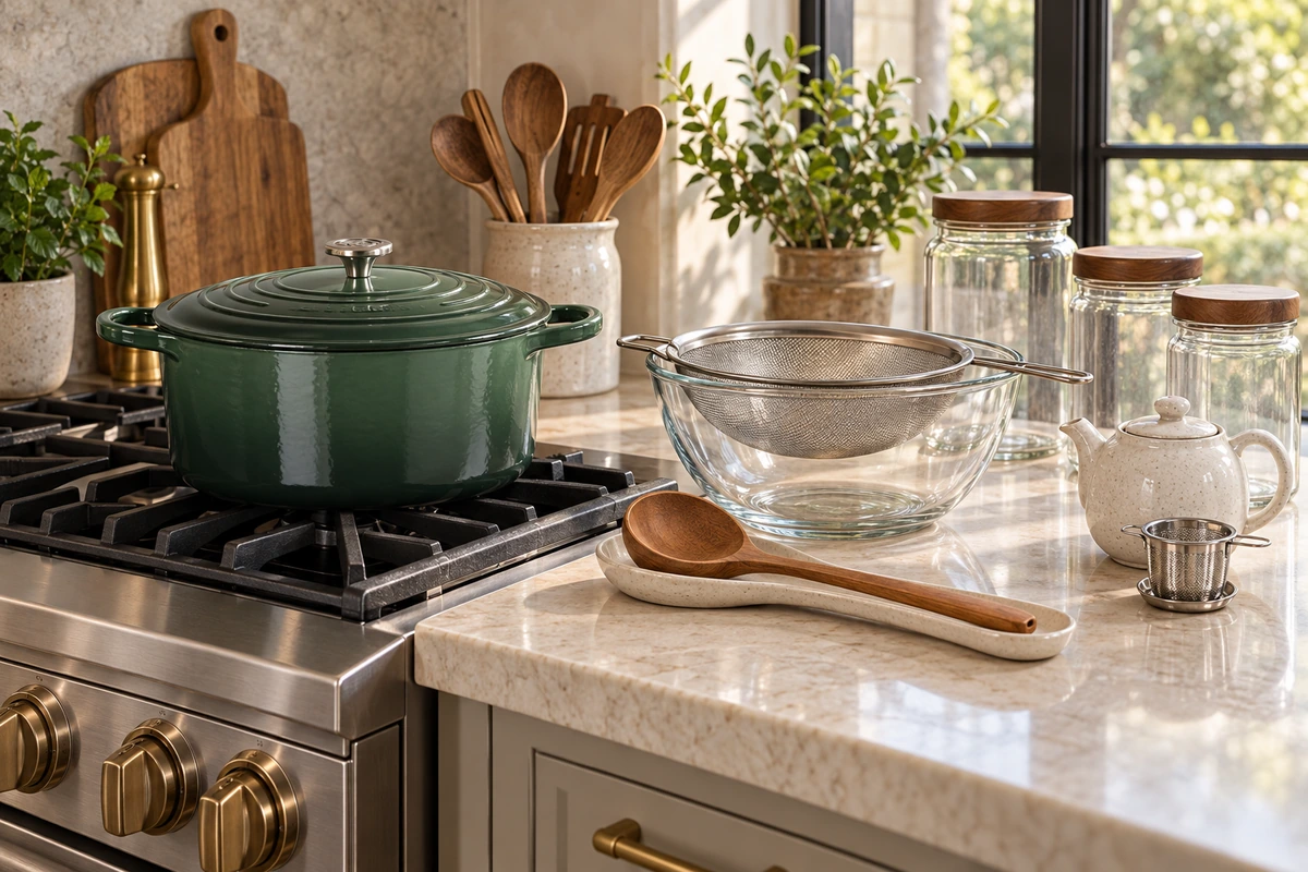 Stage 1 stockpot, strainer, glass storage jars, ladle and tea tools in the WFLI kitchen.