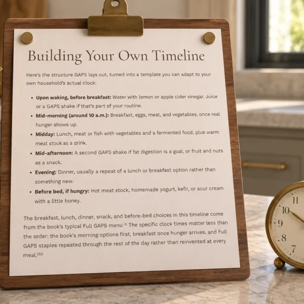 Printed Full GAPS daily timeline on a walnut clipboard beside a brass clock.