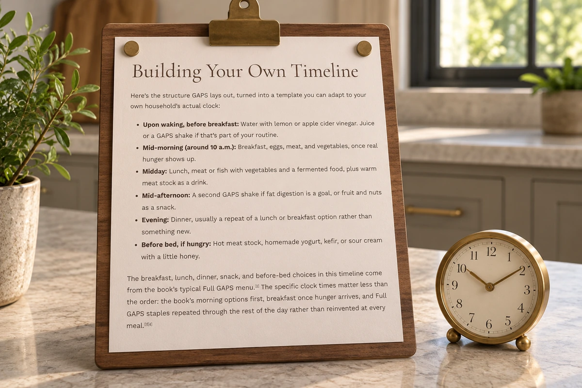 Printed Full GAPS daily timeline on a walnut clipboard beside a brass clock.
