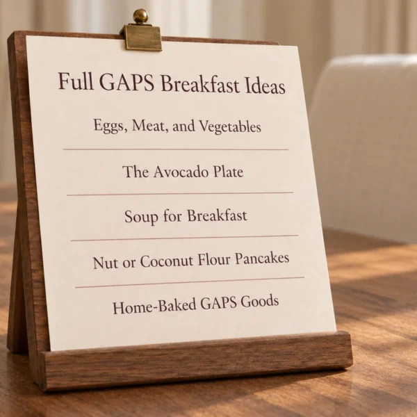 Five Full GAPS breakfast formats printed on a paper sheet supported by a walnut reading stand.