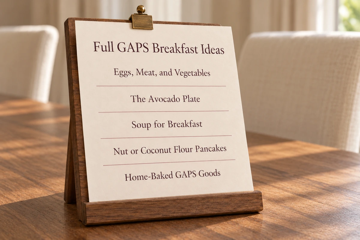 Five Full GAPS breakfast formats printed on a paper sheet supported by a walnut reading stand.
