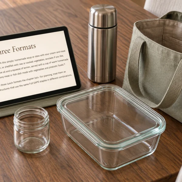 Tablet displaying the three Full GAPS lunch formats beside glass containers, a stainless flask and linen lunch tote.