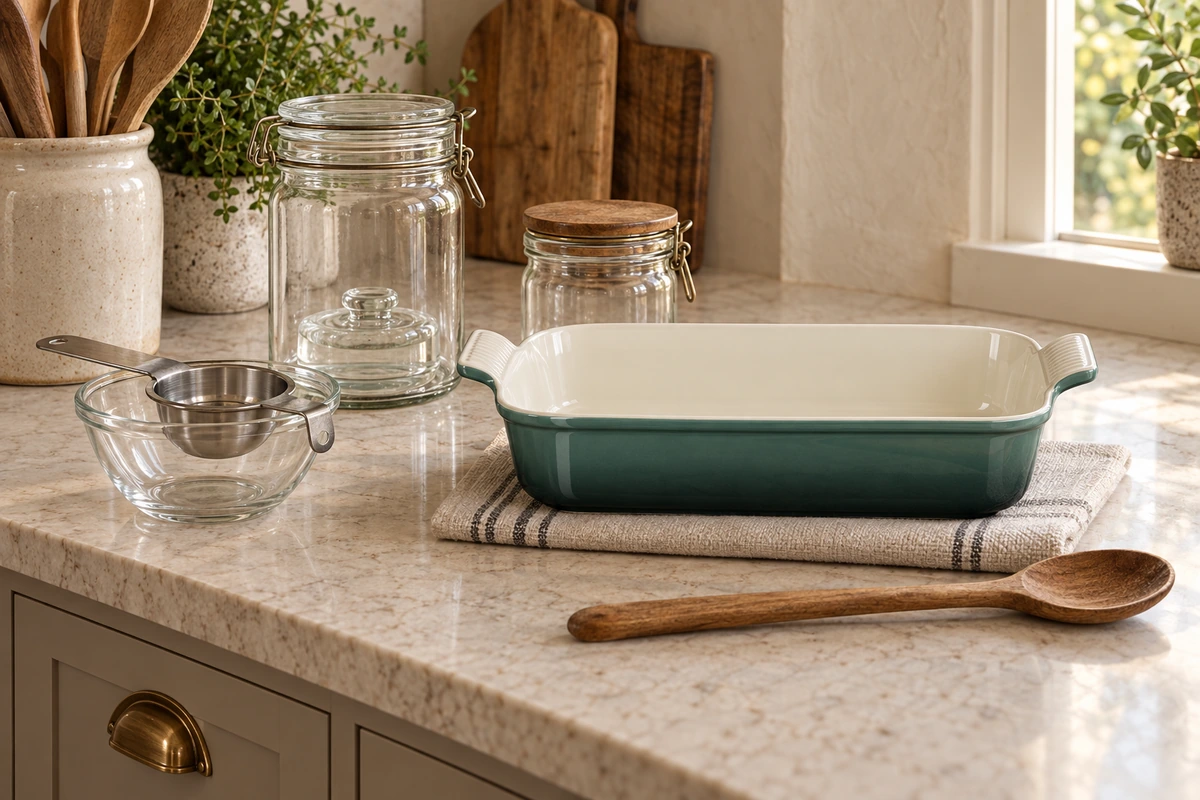 Stage 2 casserole dish, egg separator, glass fermentation jars and wooden spoon in the WFLI kitchen.