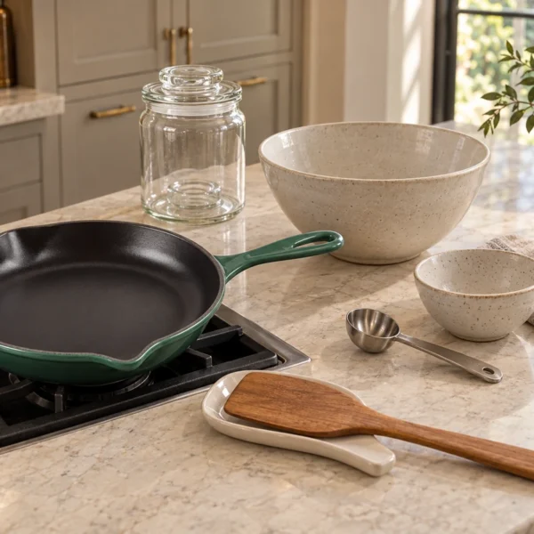 Stage 3 skillet, mixing bowls, measure, mashing fork and glass fermentation jar in the WFLI kitchen.