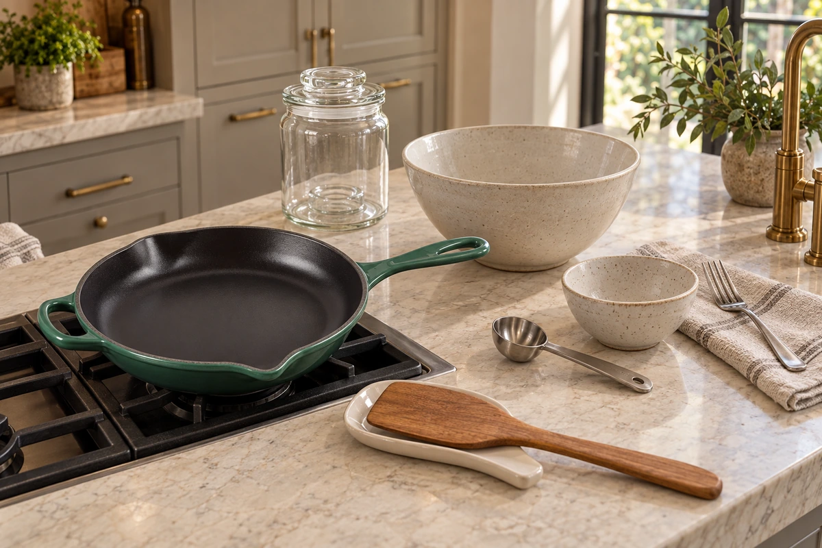 Stage 3 skillet, mixing bowls, measure, mashing fork and glass fermentation jar in the WFLI kitchen.