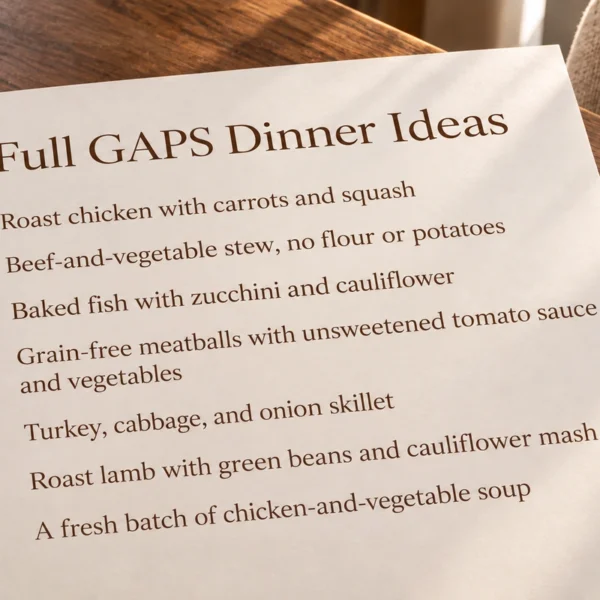 Seven Full GAPS dinner choices printed on cream paper on the walnut dining table.