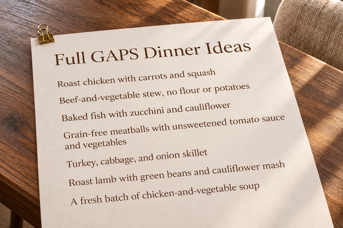 Seven Full GAPS dinner choices printed on cream paper on the walnut dining table.