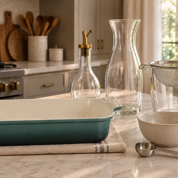 Stage 4 roasting dish, empty cruet, glass carafe, supported strainer and measuring tools in the WFLI kitchen.