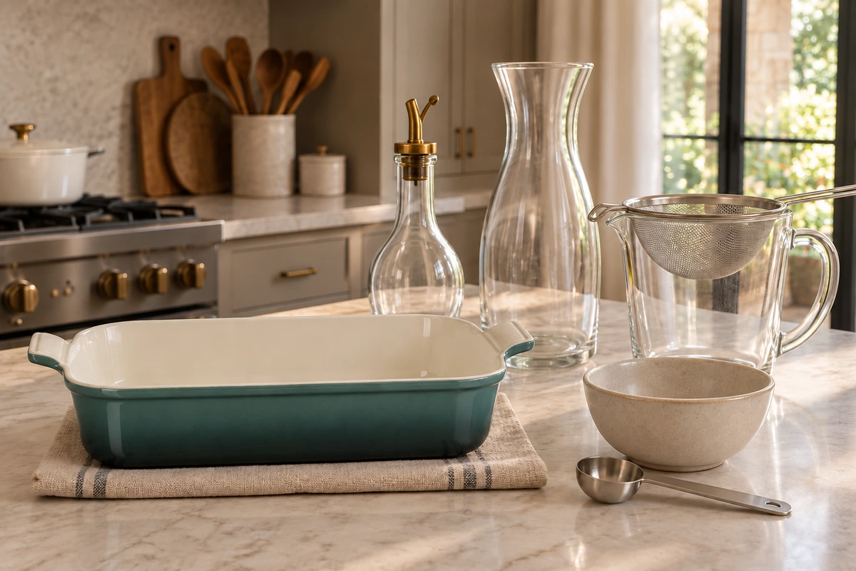 Stage 4 roasting dish, empty cruet, glass carafe, supported strainer and measuring tools in the WFLI kitchen.