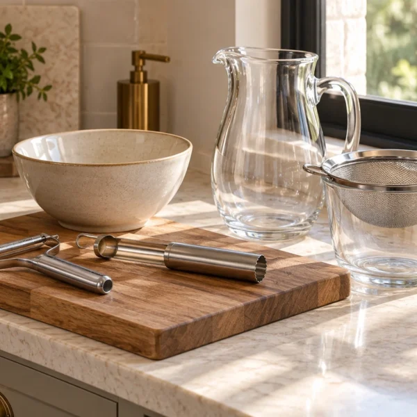 Stage 5 peeler, apple corer, cutting board, bowl, glass pitcher and supported strainer in the WFLI kitchen.