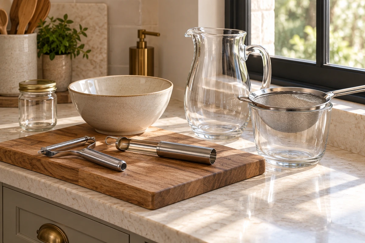Stage 5 peeler, apple corer, cutting board, bowl, glass pitcher and supported strainer in the WFLI kitchen.
