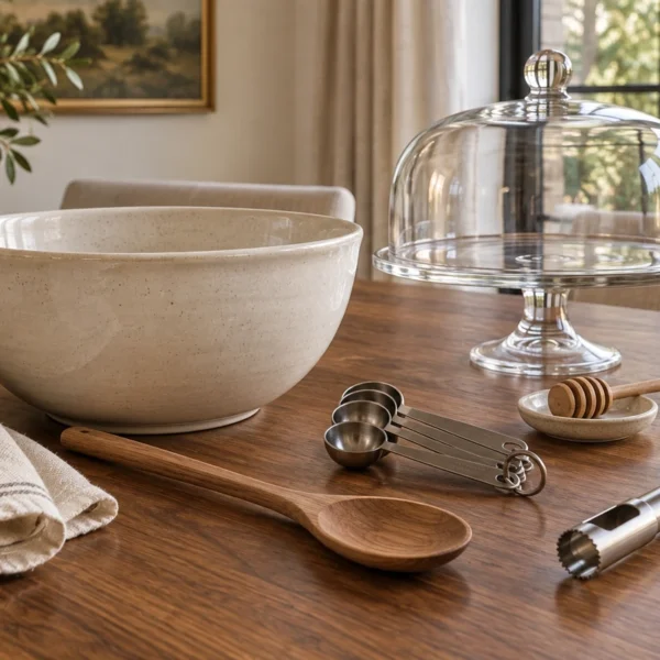 Stage 6 mixing bowl, measuring spoons, apple corer, honey dipper and empty cake stand in the WFLI dining area.