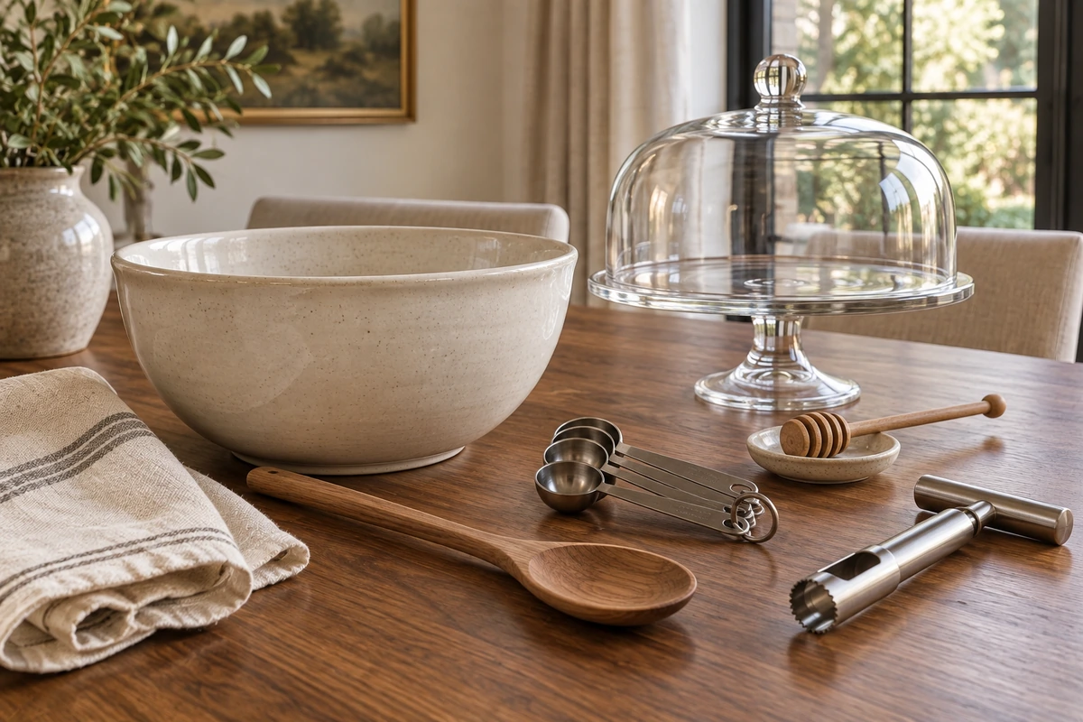 Stage 6 mixing bowl, measuring spoons, apple corer, honey dipper and empty cake stand in the WFLI dining area.