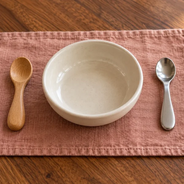 A small wooden spoon and stainless-steel spoon on opposite sides of an empty ceramic baby bowl.