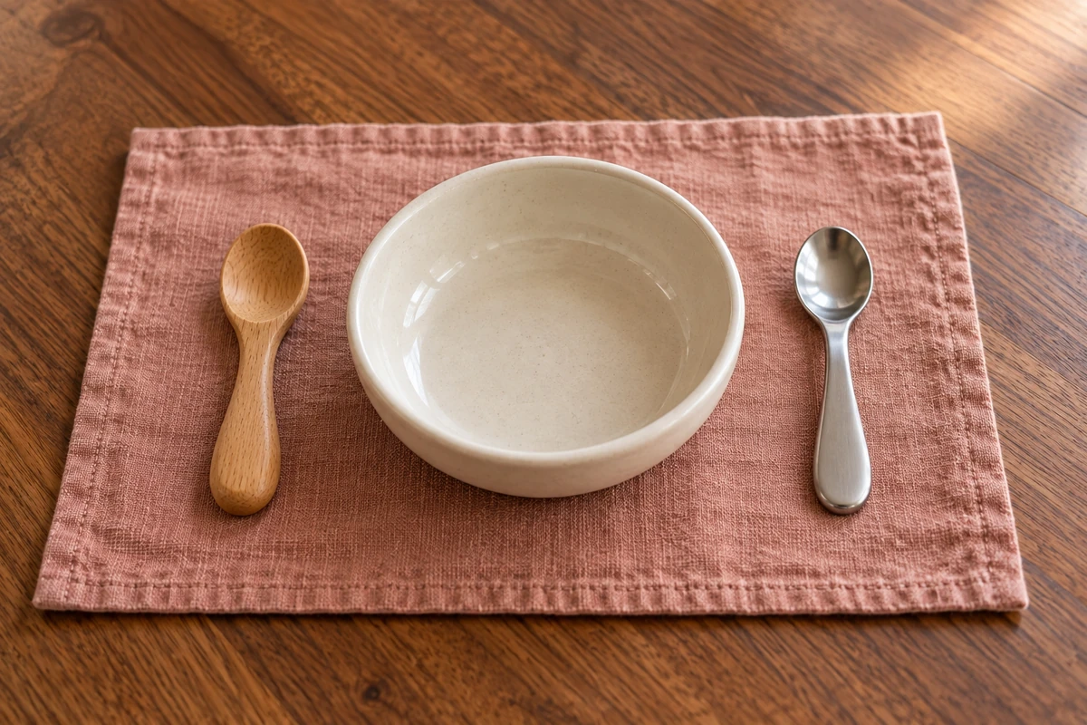 A small wooden spoon and stainless-steel spoon on opposite sides of an empty ceramic baby bowl.