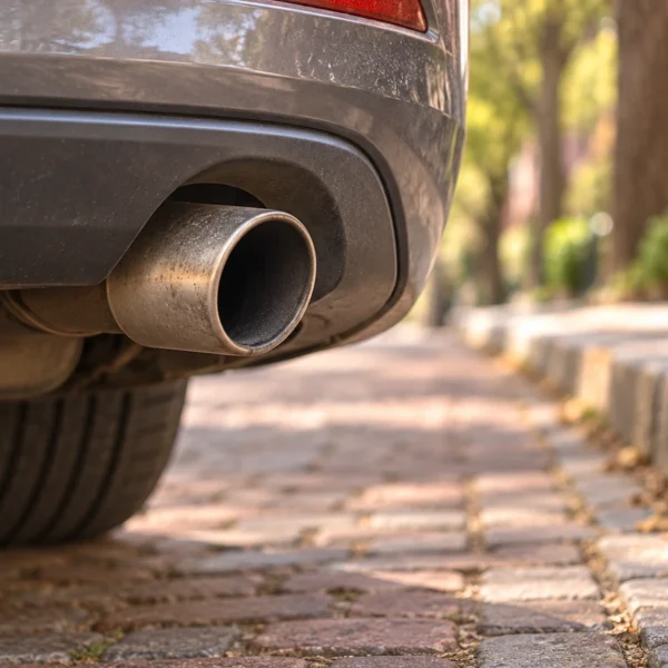 Close view of a gray car exhaust pipe beside a brick-lined street curb.
