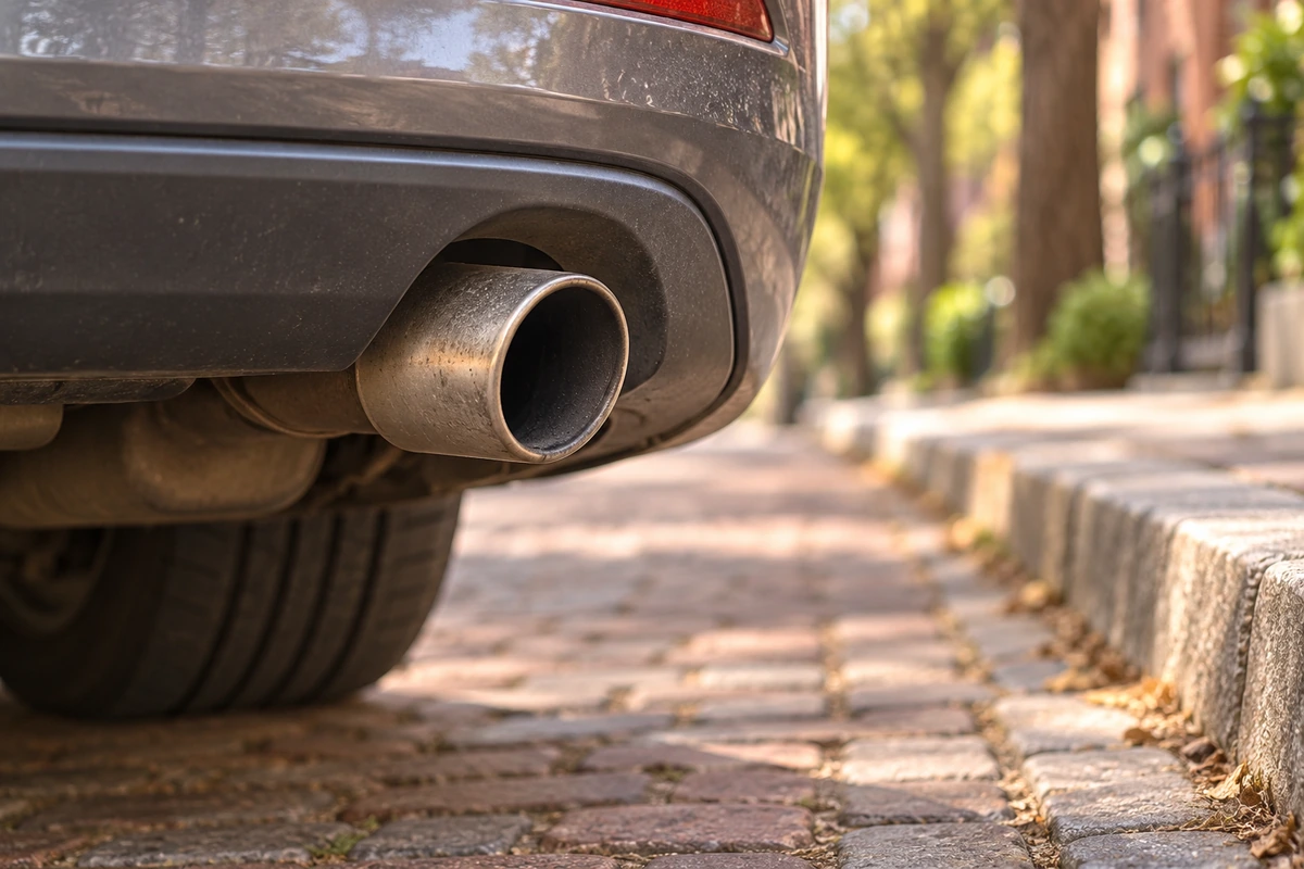 Close view of a gray car exhaust pipe beside a brick-lined street curb.