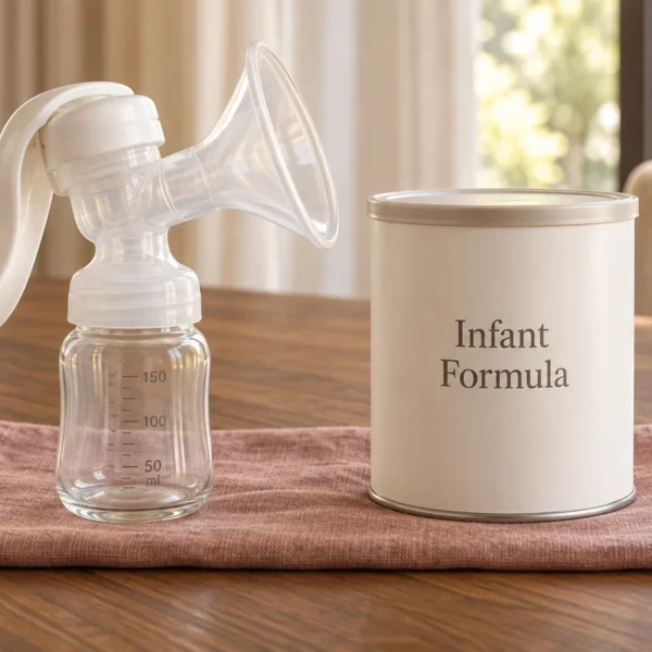 Manual breast pump with an empty glass bottle beside an illustrative infant-formula tin.