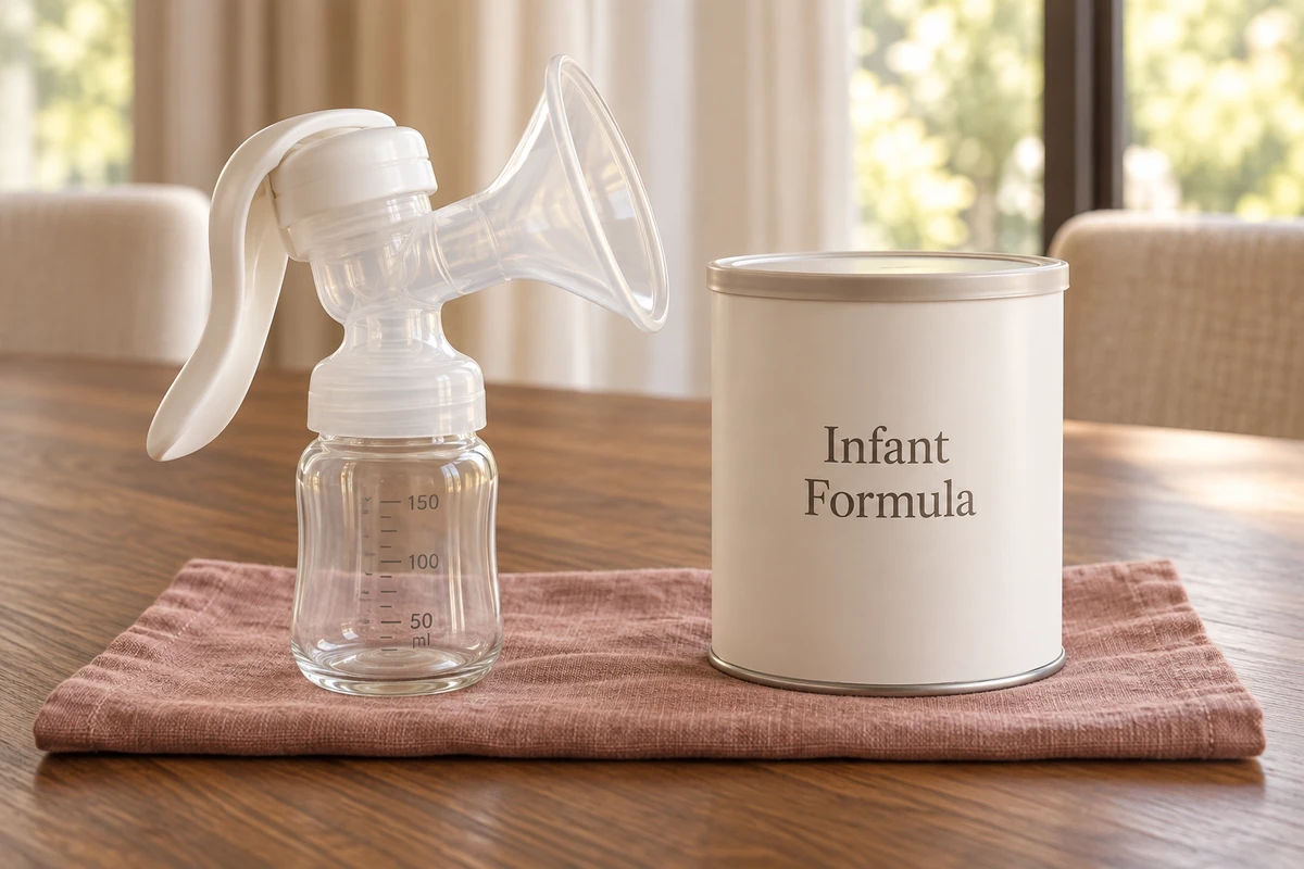 Manual breast pump with an empty glass collection bottle beside an illustrative infant-formula tin.