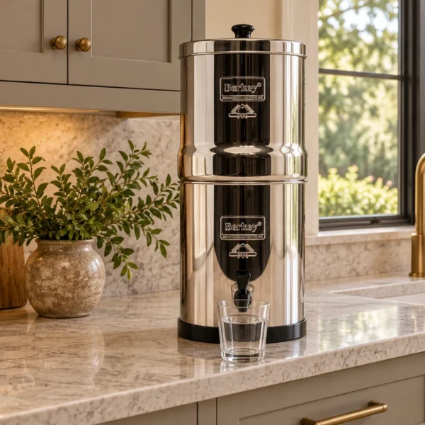 Stainless gravity-fed Berkey water filter with a glass of water on a warm stone kitchen counter.