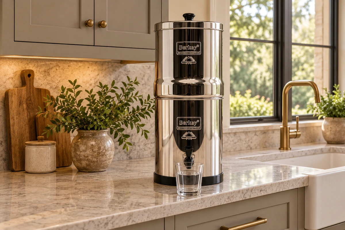Stainless gravity-fed Berkey water filter with a glass of water on a warm stone kitchen counter.
