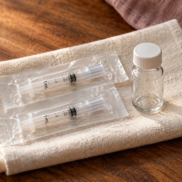 Two empty, individually wrapped needle-free collection syringes and a capped glass vial on linen.