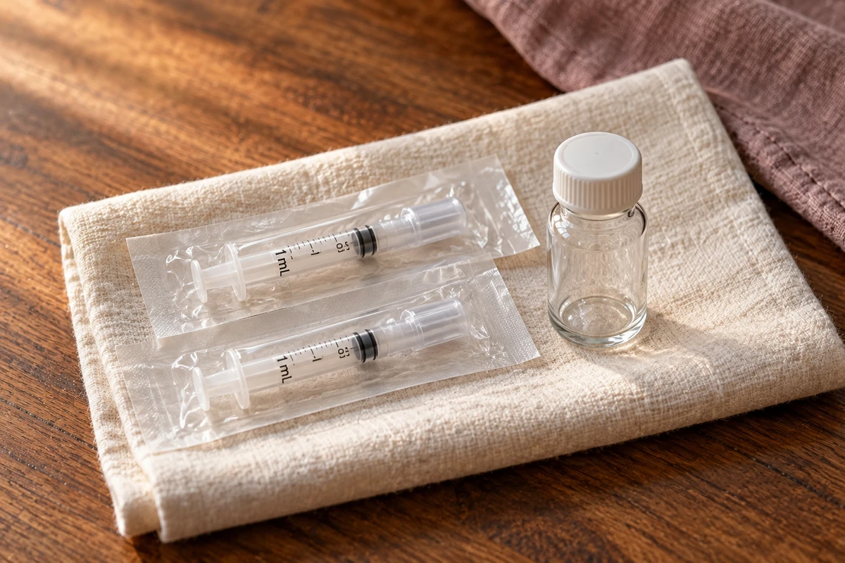Two empty, individually wrapped needle-free collection syringes and a capped glass vial on linen.
