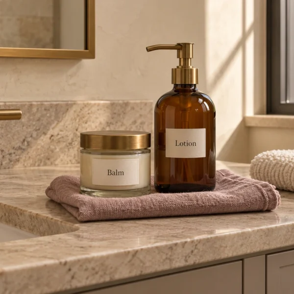 Glass balm jar and amber lotion bottle on a mauve cloth beside a bathroom sink.