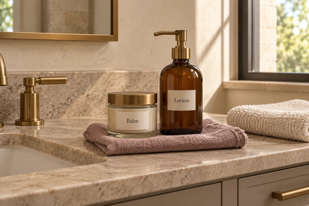Glass balm jar and amber lotion bottle on a mauve cloth beside a bathroom sink.