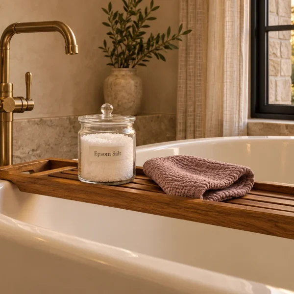 Closed jar labeled Epsom Salt and a mauve washcloth on a wooden caddy across an empty bathtub.