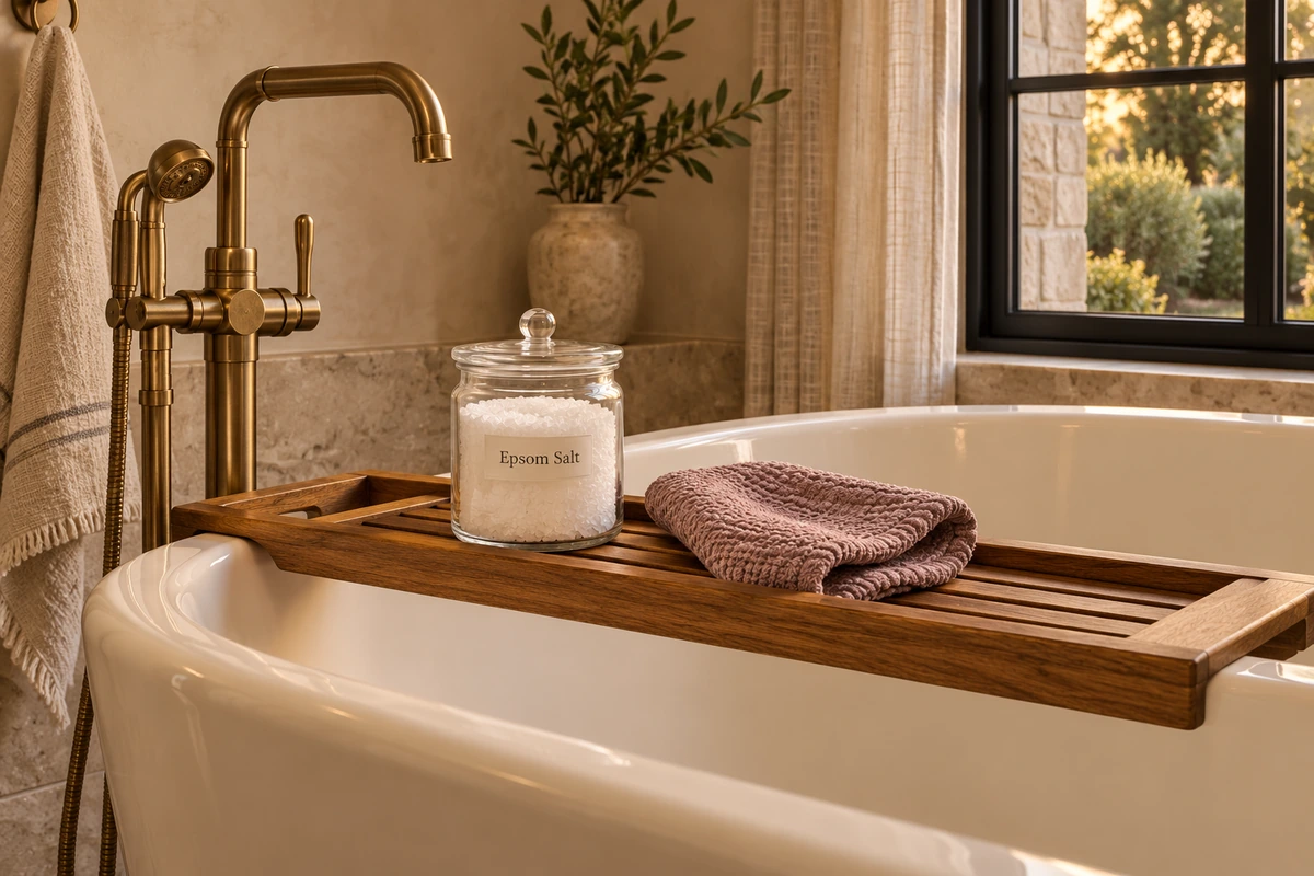Closed jar labeled Epsom Salt and a mauve washcloth on a wooden caddy across an empty bathtub.