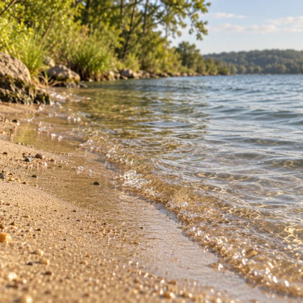 Shallow lake water meeting a sandy shoreline with trees along the bank.