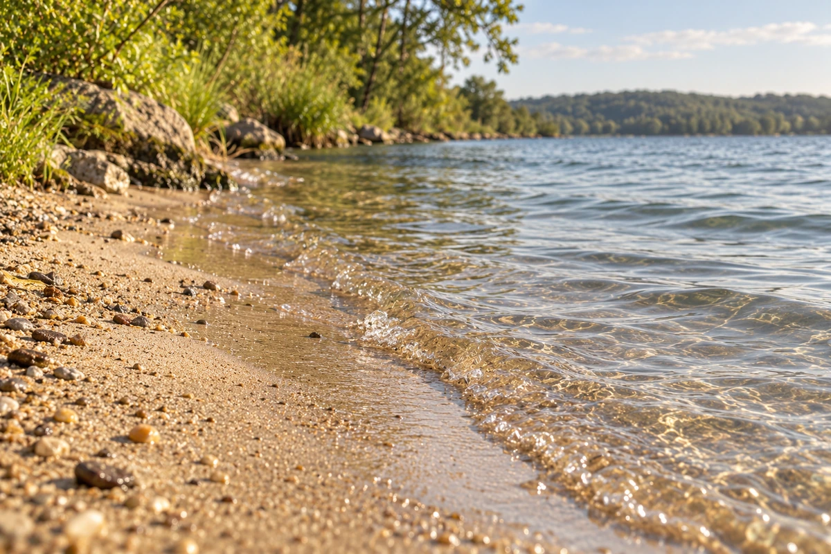Shallow lake water meeting a sandy shoreline with trees along the bank.