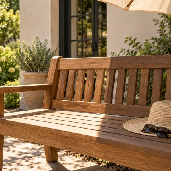 Woven sunhat and sunglasses on a wooden bench with sunlit and shaded areas.