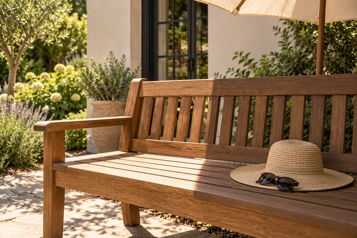 Woven sunhat and sunglasses on a wooden bench with sunlit and shaded areas.