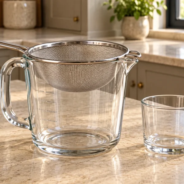 Fine stainless strainer supported on an empty glass measuring jug beside an empty drinking glass.