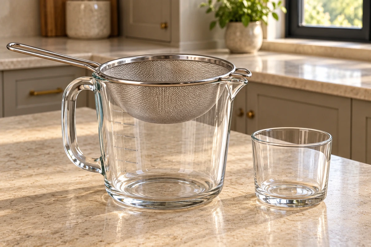 Fine stainless strainer supported on an empty glass measuring jug beside an empty drinking glass.