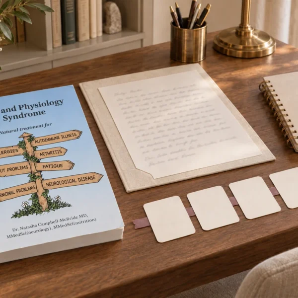 The Gut and Physiology Syndrome book arranged in a warm WFLI study scene for Emili’s case study.