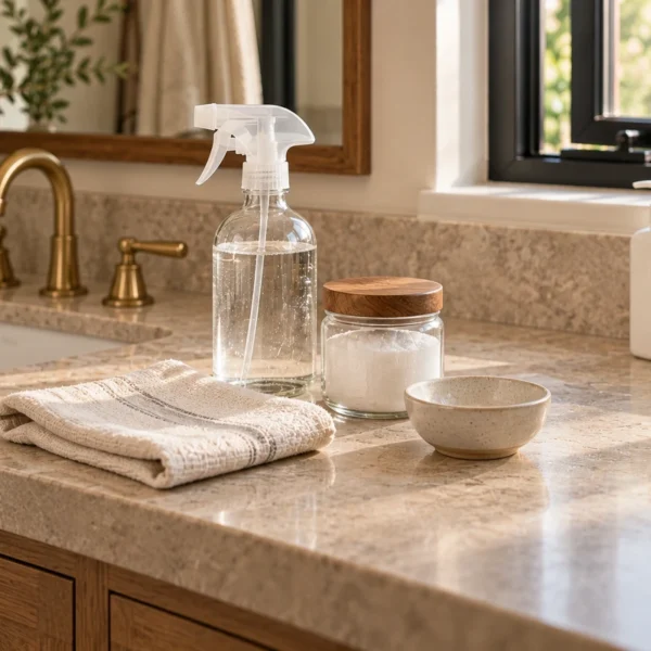 A warm bathroom vanity with conventional containers moved aside while glass, ceramic, and linen occupy the center.