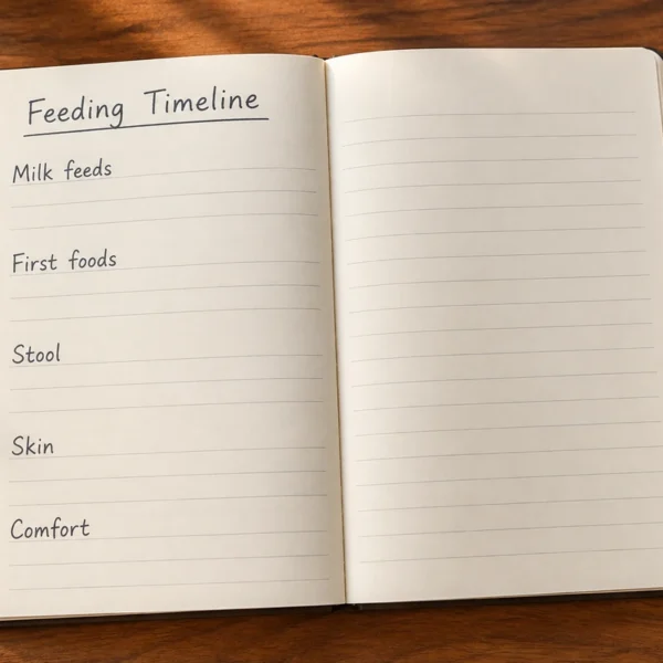 Illustrative feeding-timeline notebook with Milk feeds, First foods, Stool, Skin, and Comfort headings.