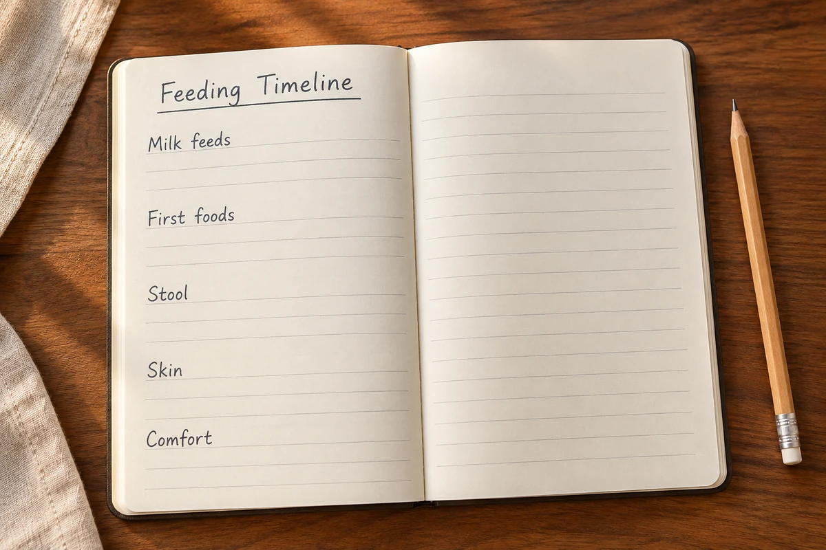Illustrative feeding-timeline notebook with Milk feeds, First foods, Stool, Skin, and Comfort headings.