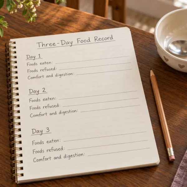 Open notebook headed Three-Day Food Record with blank food and digestion notes beside an empty child bowl and spoon.