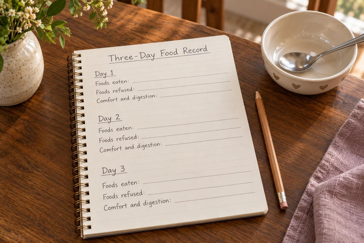 Open notebook headed Three-Day Food Record with blank food and digestion notes beside an empty child bowl and spoon.