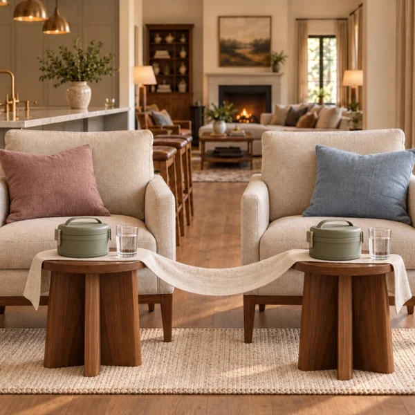 Two equal chairs with matching meal carriers and water glasses linked by one cream linen runner.