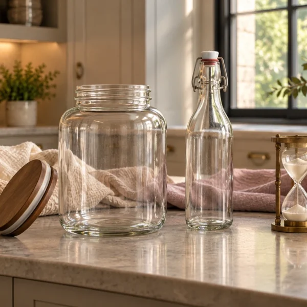 An empty fermentation jar, sealed glass bottle, hourglass, and nursing wrap in a warm WFLI scullery scene.