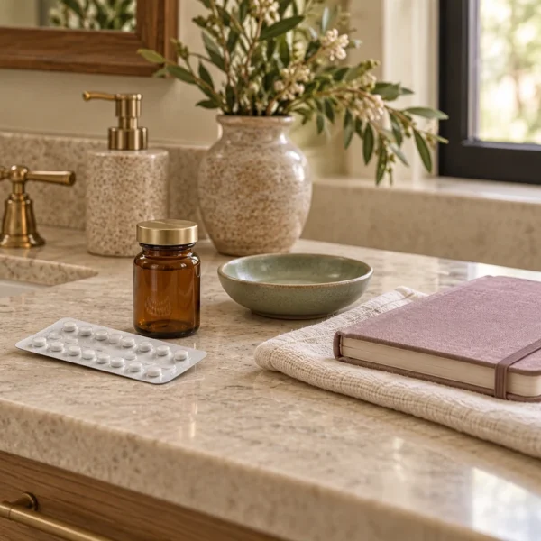 A folded preconception journal beside a sealed blister pack and closed amber bottle on a warm bathroom vanity.