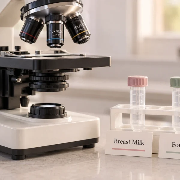 Illustrative microscope and empty collection tubes beside Breast Milk and Formula category cards.