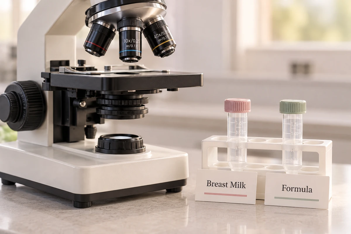 Illustrative microscope and empty collection tubes beside Breast Milk and Formula category cards.