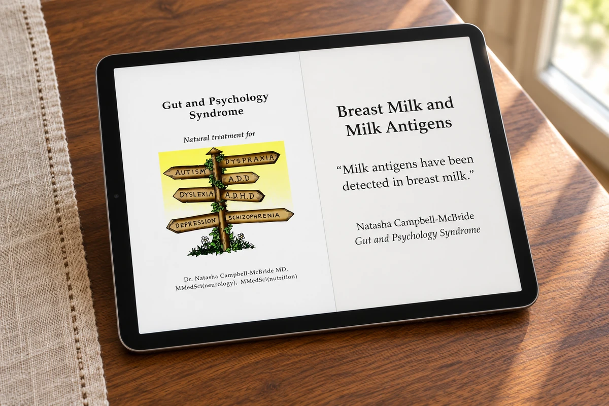 Tablet displaying the Gut and Psychology Syndrome title page and an attributed excerpt about milk antigens in breast milk.